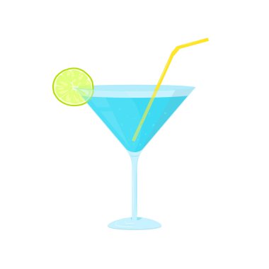 Limonlu mavi kokteyl. Düz stil, basit çizgi film logoti grafik tasarımı beyaz arkaplanda izole edildi. Gece kulübü ve buz toniğinde sert içki konsepti