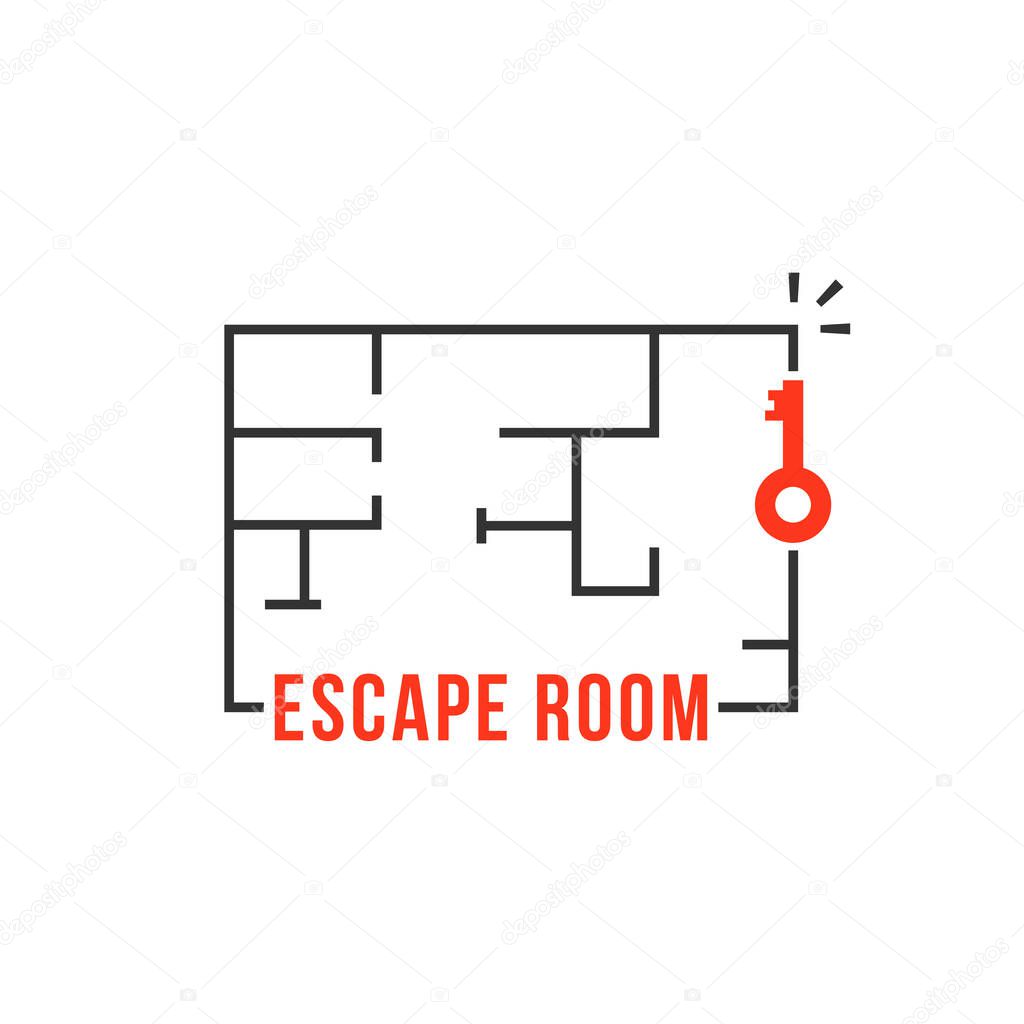 Thin line escape room logo with key. flat linear style trend modern logotype graphic design element isolated on white background. concept of fun game