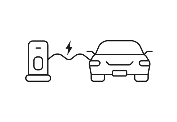 充電器付きのフロントビューリニアカー フラットストロークトレンド線形ロゴタイプのグラフィックアートデザインは 白い背景に隔離されています ガスやCo2のない車や経済的な自動車や新技術の概念は — ストックベクタ