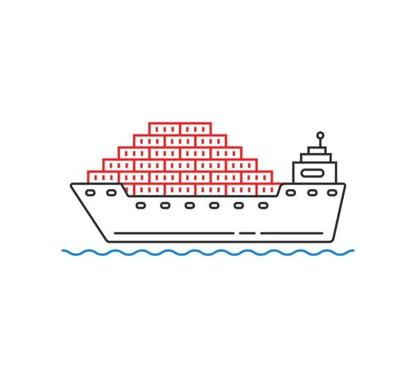 波の上にコンテナを乗せた単純な貨物船 商品の供給や配送という概念です ストロークフラットスタイルトレンド現代の輸出入経済ロゴタイプ白い背景に隔離されたグラフィックアートデザイン — ストックベクタ