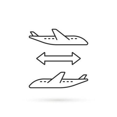 Uçuş simgesini bağlayan ince çizgi. Düz çizgi modern logoti grafik tasarımı beyaz arka planda izole edilmiştir. Bir sonraki uçuş ve çevrimiçi kiralama gezisine geçiş konsepti