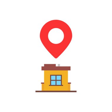 Kırmızı raptiyeli ev. düz çizgi film stili trend modern arazi işareti logotype grafik sanat tasarımı beyaz arka planda izole. Soyut simge ve seyahat coğrafi etiketi kavramı