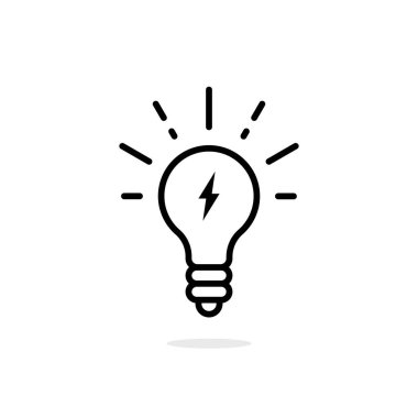 Ampul içinde şimşek ince çizgi ikonu. Lineart düz vuruş icat logoti grafik sanat tasarımı beyaz arka planda izole edildi. Modern bilgi eğitimi ya da gelişim için basit işaret ya da etiket kavramı