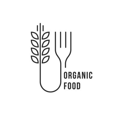 Organik gıda gibi çatallı doğrusal buğday. Şirket konsepti, marka şablonu ve vegan kafe amblemi. lineart minimal biçim eğilimi beyaz arkaplanda izole edilmiş modern monoline logo grafik sanat tasarımı
