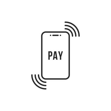 Nakitsiz doğrusal simge gibi mobil ödeme. İnce çizgi eğilimi, beyaz arka planda izole edilmiş modern siyah felçli ewallet logotype grafik sanat tasarımı. Kredi kartıyla satın alma ve ulaşılamaz maaş kavramı