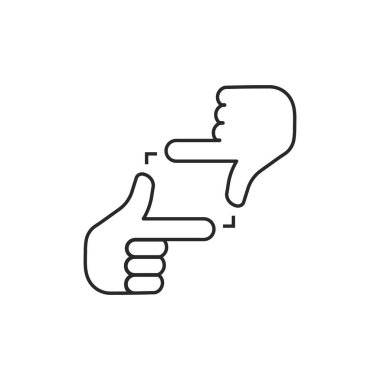 Doğrusal eller basit fotoğraf çerçevesi oluşturur. Çekimden önce çerçeve kompozisyonu belirleme kavramı. Düz vuruş stili trend modern logotip grafik çizim tasarımı beyaz üzerine izole edilmiş