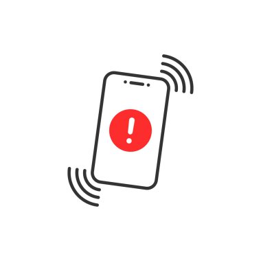 İnce hatlı telefonda uyarı mesajı. Düz doğrusal trend modern logottip grafik tasarımı beyaz arkaplanda izole edildi. Kırmızı tehlike kavramı veya cihaz görüntüleme ve yanıltma saldırısında veya kötü amaçlı yazılımda dikkatli olun