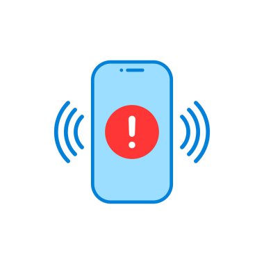 Bildirimli akıllı telefon. düz basit trend modern logottip grafik tasarımı beyaz arkaplanda izole edildi. Kırmızı tehlike kavramı veya cihaz görüntüleme ve yanıltma saldırısında veya kötü amaçlı yazılımda dikkatli olun