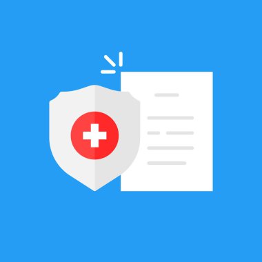 Kalkanlı çizgi film sağlık sigortası ikonu. Basit düz stil trend modern logottip grafik tasarım ögesi mavi arkaplanda izole edildi. Güçlü yaşam koruma kavramı ve kolay tıbbi güvence verileri