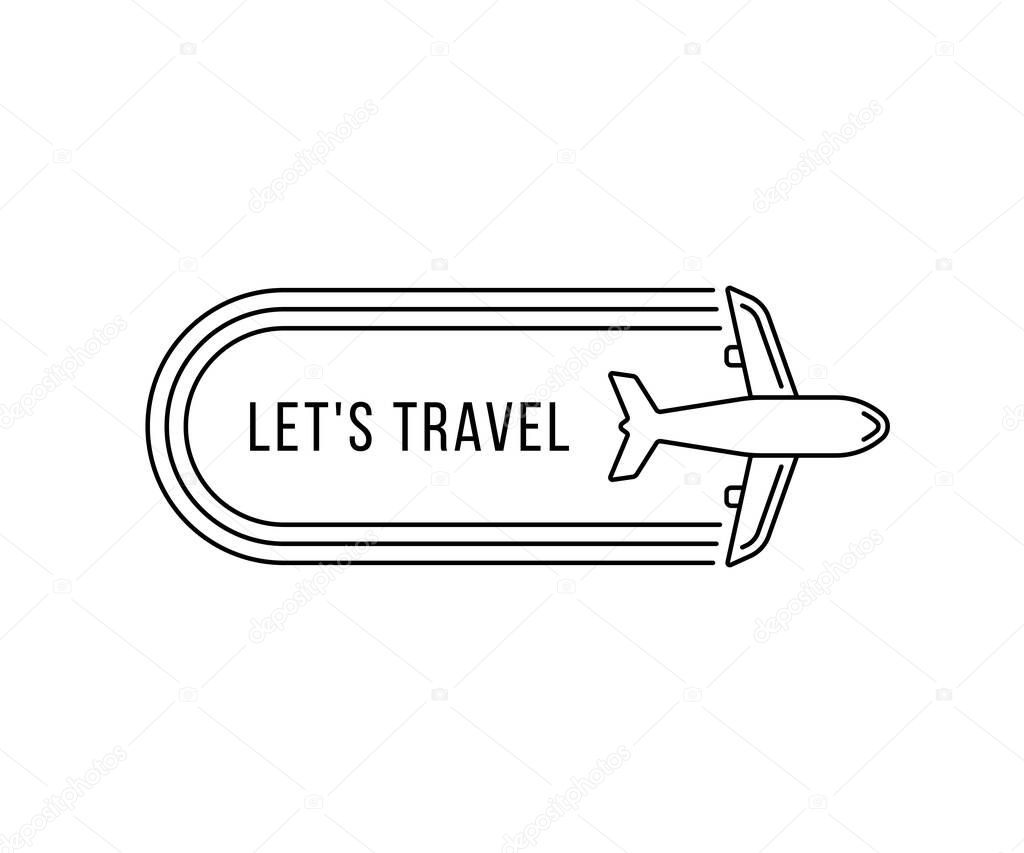 Lets travel icon with thin line plane. flat stroke style trend modern simple transport logotype graphic minimal art design isolated on white background. concept of airplane wing and global aviation