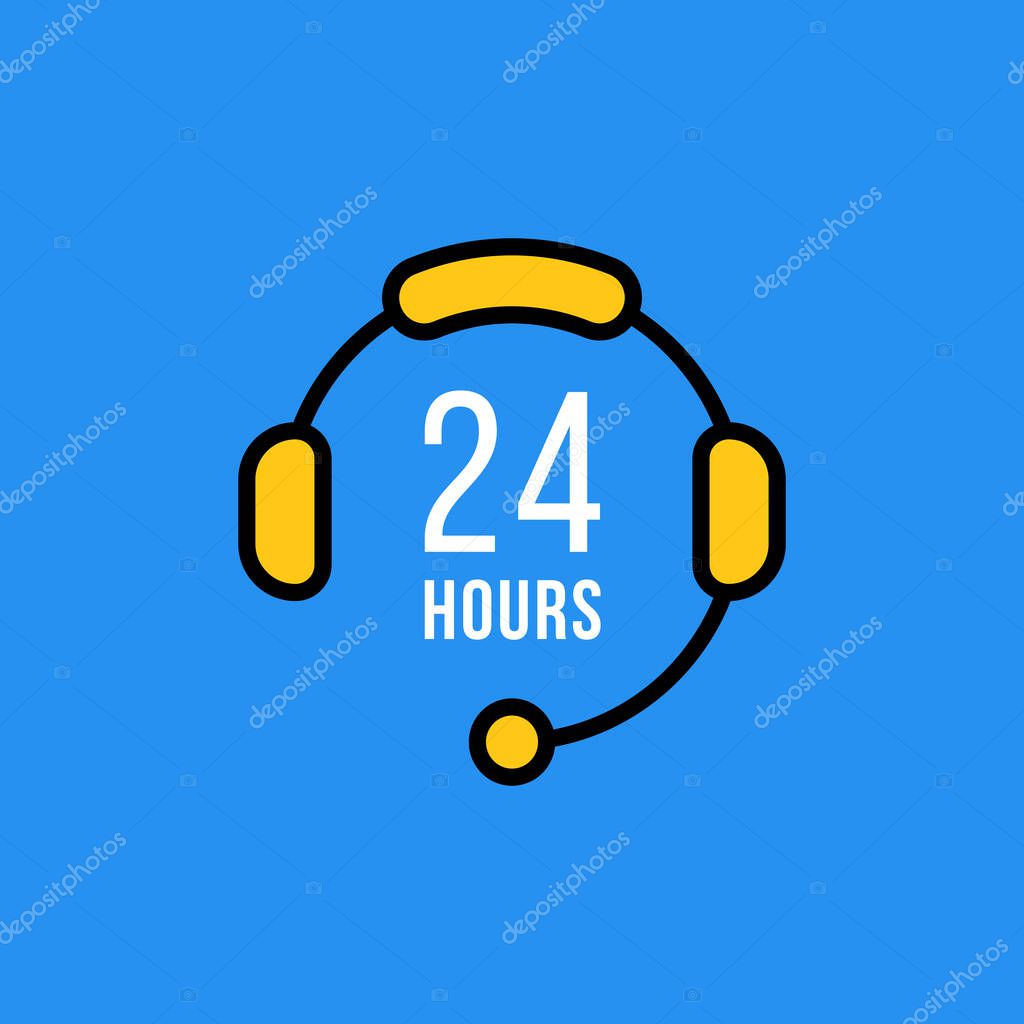 Cartoon 24 hours hotline simple icon. concept of web round-the-clock help symbol and secretary talk. flat outline trend modern office conversation logotype graphic design isolated on blue background