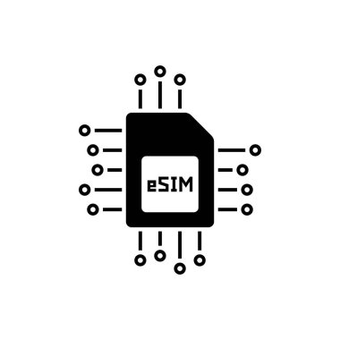 siyah esim veya gömülü simülasyon simgesi. düz basit tarz trend modern e-sim logotip grafik tasarımı beyaz arkaplanda izole edildi. Kişisel veya mobil verilerin ve yeni teknolojilerin korunması kavramı