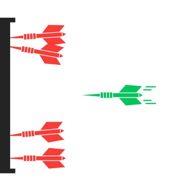 Basit dartlar hedefe ya da hedefe doğru uçar. Vuruş noktası kavramı mı yoksa hırs kavramı mı? düz biçim eğilimi beyaz arkaplanda izole edilmiş modern grafik tasarımı