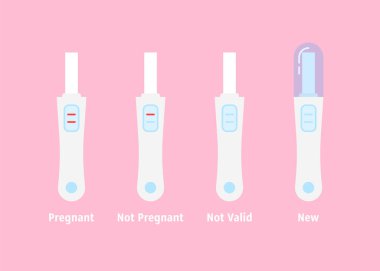 Bir dizi farklı hamilelik testi. Düz stil modern grafik tasarım elementi pembe arka planda izole edildi. İlk çocuk ve annelik için ilaç beklentisi kavramı