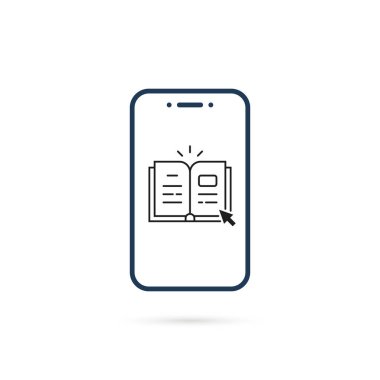 E-kütüphane uygulamalı ince bir hat. Düz çizgili trend modern elibrary veya edtech logotype grafik tasarımı beyaz arka planda izole edilmiştir. Kolay okunan ve elde edilen sembol konsepti