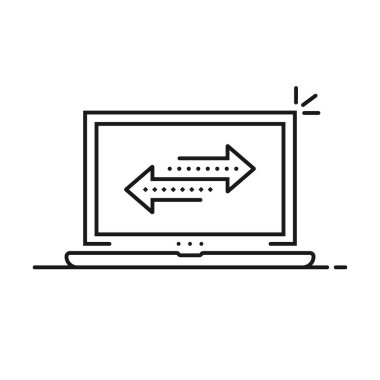 Basit bir dosya transferi gibi ince bir dizüstü bilgisayar. Düz çizgi modern grafik tasarım elementi beyaza izole edildi. Güvenli medya dosyaları veya bilgi yedekleme ve para aktarımı veya havale kavramı