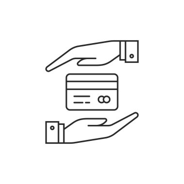 Doğrusal el ve kredi kartı depozito gibi. Basit bir felç eğilimi modern çizgi sanatları üyeliği indirimli logottip grafik sanat tasarımı beyaza izole edilmiş. Sanal pazarlama sembolü ve finansal işaret kavramı