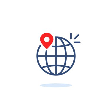 Toprak damgalı doğrusal dünya küresi. Düz stil modern logotip grafik minimal sanat tasarımı web elementi beyaza izole edildi. Dünya turu konsepti ve ajans için mobil uygulama rozeti