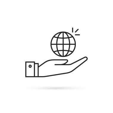 Çizgili siyah el ve doğrusal dünya ikonu. Küresel ekonomi ya da çevre koruma kavramı. lineart stroke tarzı trend modern dünya logotip grafik sanat tasarımı beyaz arkaplan üzerinde izole