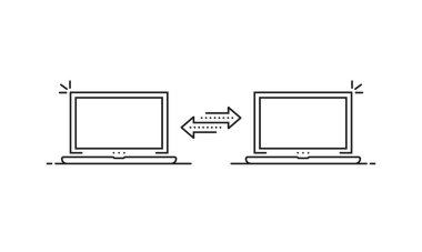 Kolay dosya transferi gibi iki doğrusal dizüstü bilgisayar. Basit modern grafik lineart web tasarımı beyaza izole edildi. Not defteri ekranı ve elektronik arşiv deposundaki bilgi veya belge göçü kavramı