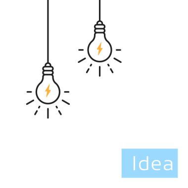 Fikir gibi ince çizgi şeklinde asılan ampuller. Beyaz arka planda izole edilmiş doğrusal düz trend modern içgörü veya ilham logo element grafik tasarımı. Eğitim kavramı ya da telin üzerinde beyin fırtınası ve ampul kavramı