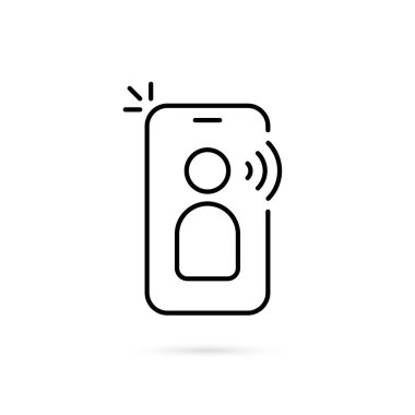 Nüfuzlu biri gibi ince bir telefon. Vuruş eğilimi, modern basit viral logoti grafik tasarım çizimi, beyaza izole edilmiş. Web iş ağı konsepti ve sesli kitap işareti