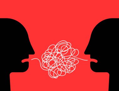 İki insan arasında zor bir iletişim. çizgi film basit düz trend modern grafik sanat tasarımı kırmızı arkaplanda izole edilmiştir. Kötü muamele ve depresyon, stres ya da anksiyete kavramı ve sert konuşma