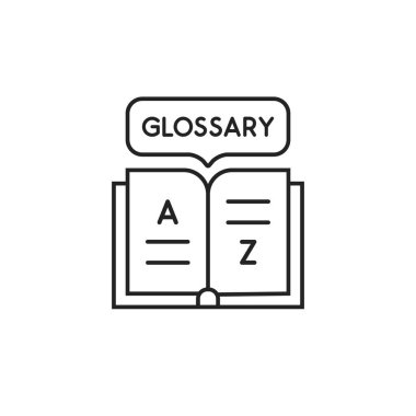 Gramer kitabı gibi ince çizgi sözlük logosu. A 'dan Z' ye kadar olan metin sözlüğü kavramı ve okul eğitimi. lineer basit modern çizgi sanatı hikaye anlatma logoti grafik tasarım elementi beyaz üzerine izole edildi