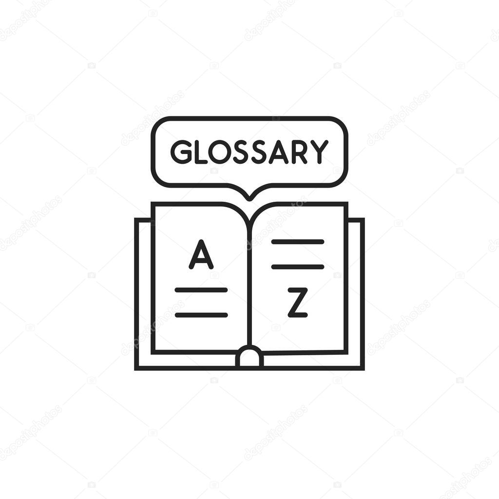 Thin line glossary logo like grammar book. concept of text thesaurus with a to z letters and school educate. linear simple modern lineart storytelling logotype graphic design element isolated on white