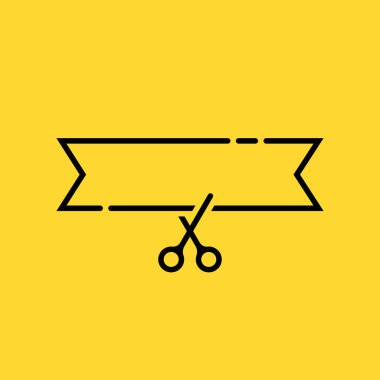 İnce çizgi büyük açılış davetiye gibi. düz çizgi stili trend modern logottip grafik tasarım elementi sarı arkaplanda izole edildi. makas kesme ve iş kurma kavramı