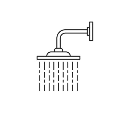 Duşun üzerinde ince bir çizgi siyah ikon. Vuruş stili trend modern logottip element grafik çizgi sanat tasarımı beyaz arka planda izole edildi. Ekonomik olmayan su tüketimi ve düşen damlalar kavramı