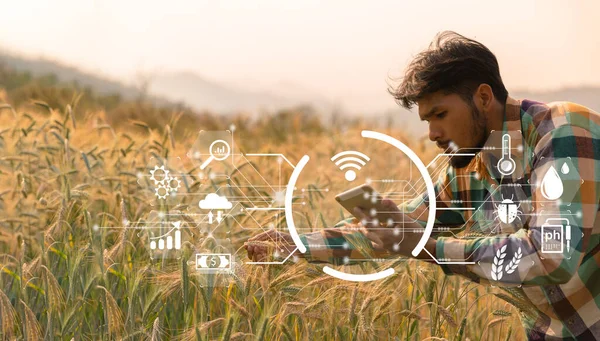Concepto Agricultura Inteligente Agricultor Con Tecnología Tableta Digital Fondo Del — Foto de Stock