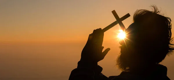 Onderwerp Christelijke Persoon Aanbidden Bidden Tot God Christelijke Man Silhouet — Stockfoto