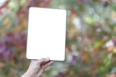 Kadın eli çiçekli arka plan, seyahat konsepti üzerine modern beyaz ekran tableti tutuyor. İş yeri fikirleri. Seyahat tercihi. Uzayı kopyala İnternetteki mağaza. Teknoloji dijital siber uzay. Web ağı.