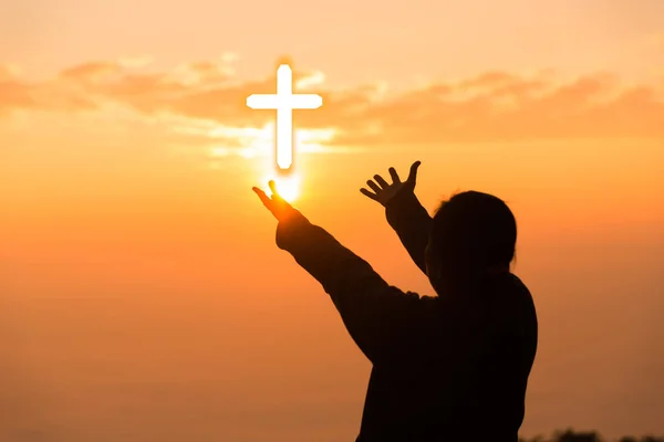 Silhouet Van Hand Van Vrouw Biddende Spiritualiteit Religie Vrouwelijke Aanbidding — Stockfoto