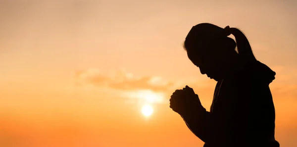 Silhouette Woman Hand Praying Spirituality Religion Female Worship God Banner — Stock Photo, Image