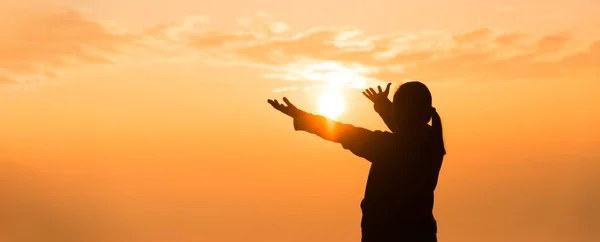 Silhouette Woman Hand Praying Spirituality Religion Female Worship God Banner — Stock Photo, Image