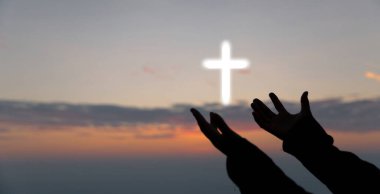 Silhouette of woman hand praying spirituality and religion, female worship to god. banner with copy space. Religious people are humble to God. Christians have hope faith and faith in god. clipart