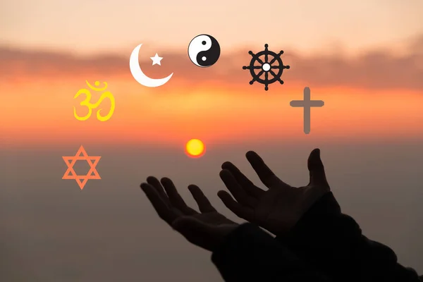 Religious symbols. Christianity cross, Islam crescent, Buddhism dharma wheel, Hinduism aum, Judaism David star, Taoism yin yang, world religion concept. Prophets of all religions bring peace to world.