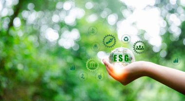 Çevre, sosyal ve yönetim için Ağ bağlantısında sürdürülebilir ve etik iş için yeşil arka planda ESG simgesi kavramı. Çevrenin üretimi ve korunması için fikirler.