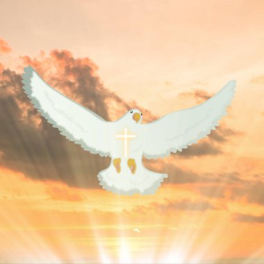 Güvercinler gökyüzünde uçar. Hıristiyanların Kutsal Ruh 'a inancı var. Siluet, Tanrı 'ya sevgiyle, inançla, ruhla ve İsa Mesih' le tapıyor. Hıristiyan barış için dua ediyor. Hıristiyanlıkta ibadet kavramı.