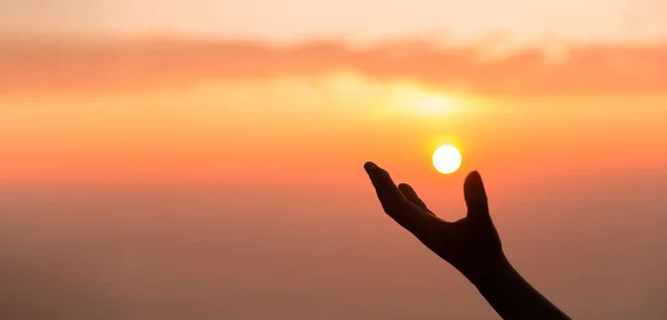 Silhouette Woman Hand Praying Spirituality Religion Banner Copy Space Female — Stock Photo, Image