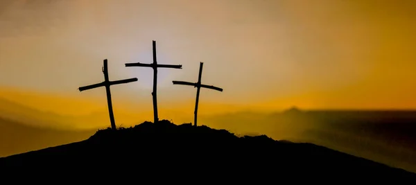 Kruisiging Van Jezus Christus Kruis Bij Zonsondergang Het Concept Van — Stockfoto