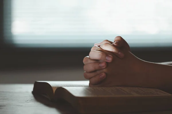 Νεαρή Γυναίκα Χέρι Προσεύχεται Στην Αγία Γραφή Μελέτη Ένα Ενήλικο — Φωτογραφία Αρχείου