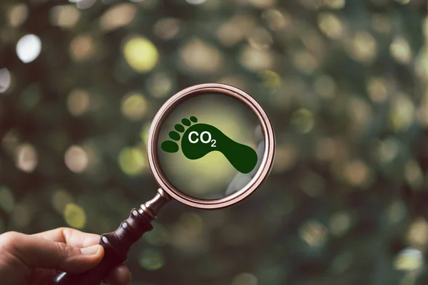 Yeşil Zemin Üzerinde Büyüteç Olan Karbon Ayak Izi Karbon Ayak — Stok fotoğraf