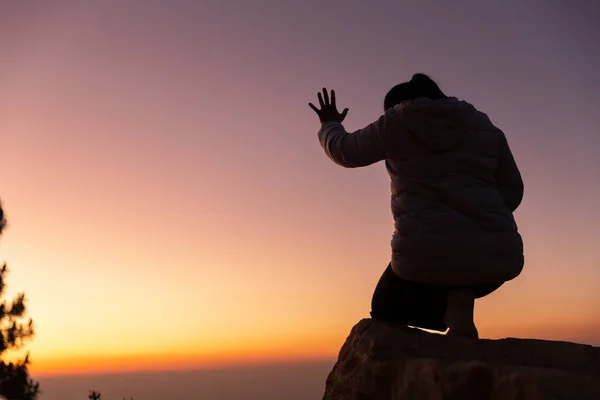 Silhouette Copy Space Women Hand Praying Worship Top Mountain Sunrise — Stock Photo, Image