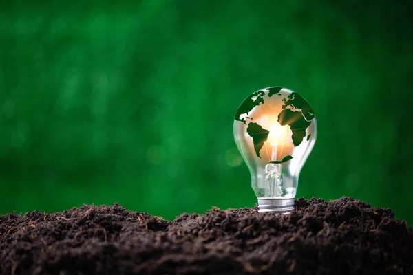 可再生能源创新和绿色地球的概念 可持续清洁能源 环保理念可持续能源 在绿色自然环境背景下放置在土壤上的灯泡 — 图库照片