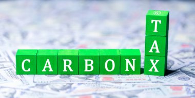 Amerikan dolarları hakkında CO2 vergisi olan yeşil tahta küpler. Yeşil CO2 Vergisi kavramı. Karbon vergisi, çevresel ve sosyal sorumluluk iş konsepti. Doğa kirliliği vergisi.