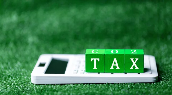 Деревянные Кубики Словом Co2 Tax Зеленом Фоне Травы Концепция Зеленого — стоковое фото