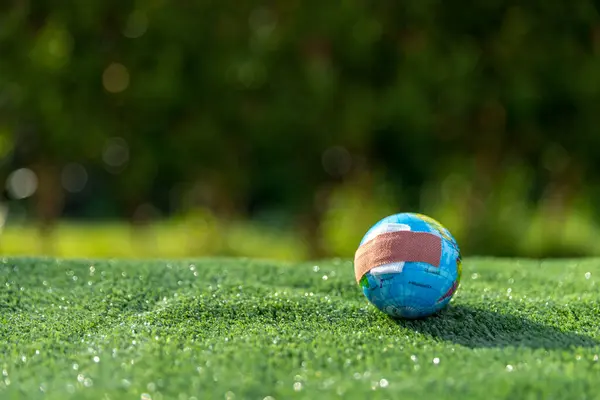 Hij Kleine Wereldbol Aarde Bij Hand Gras Blad Aardbol Staan — Stockfoto
